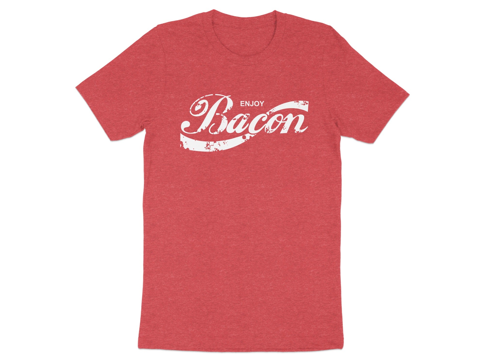 Red t-shirt with white "Enjoy Bacon" text in a distressed script font.