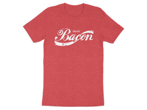Red t-shirt with white "Enjoy Bacon" text in a distressed script font.