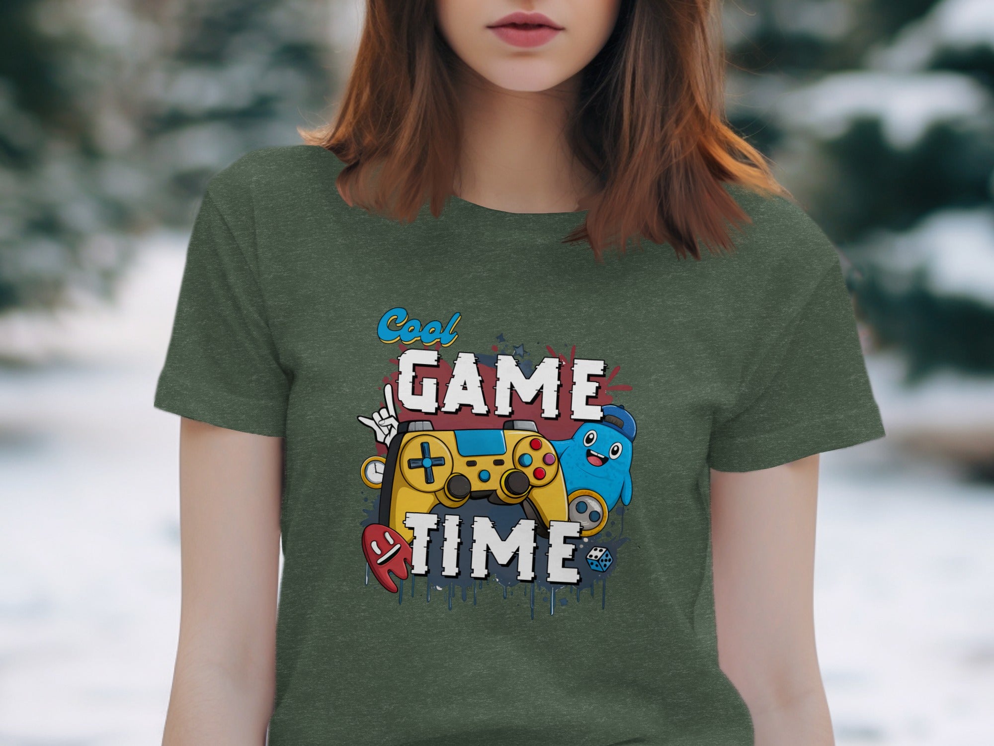 Green t-shirt with "Cool Game Time" text, video game controller, and cartoon characters.