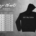 Gildan 18500 Heavy Blend Hooded Sweatshirt size chart with width and length measurements in inches.