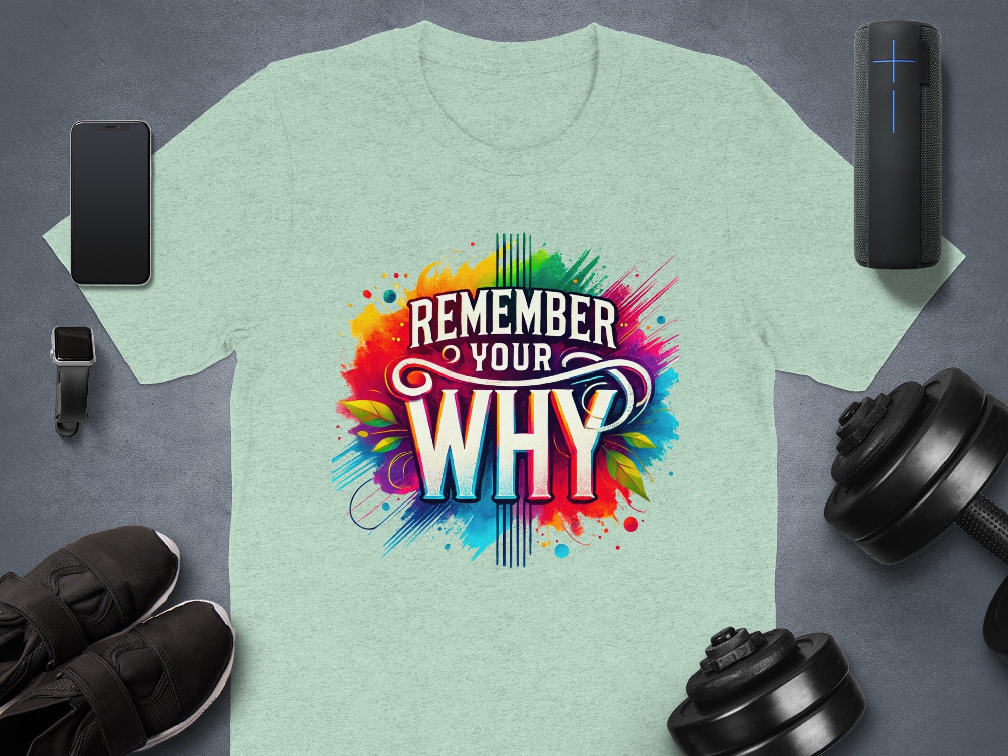 Light green t-shirt with "REMEMBER YOUR WHY" text and colorful abstract art.