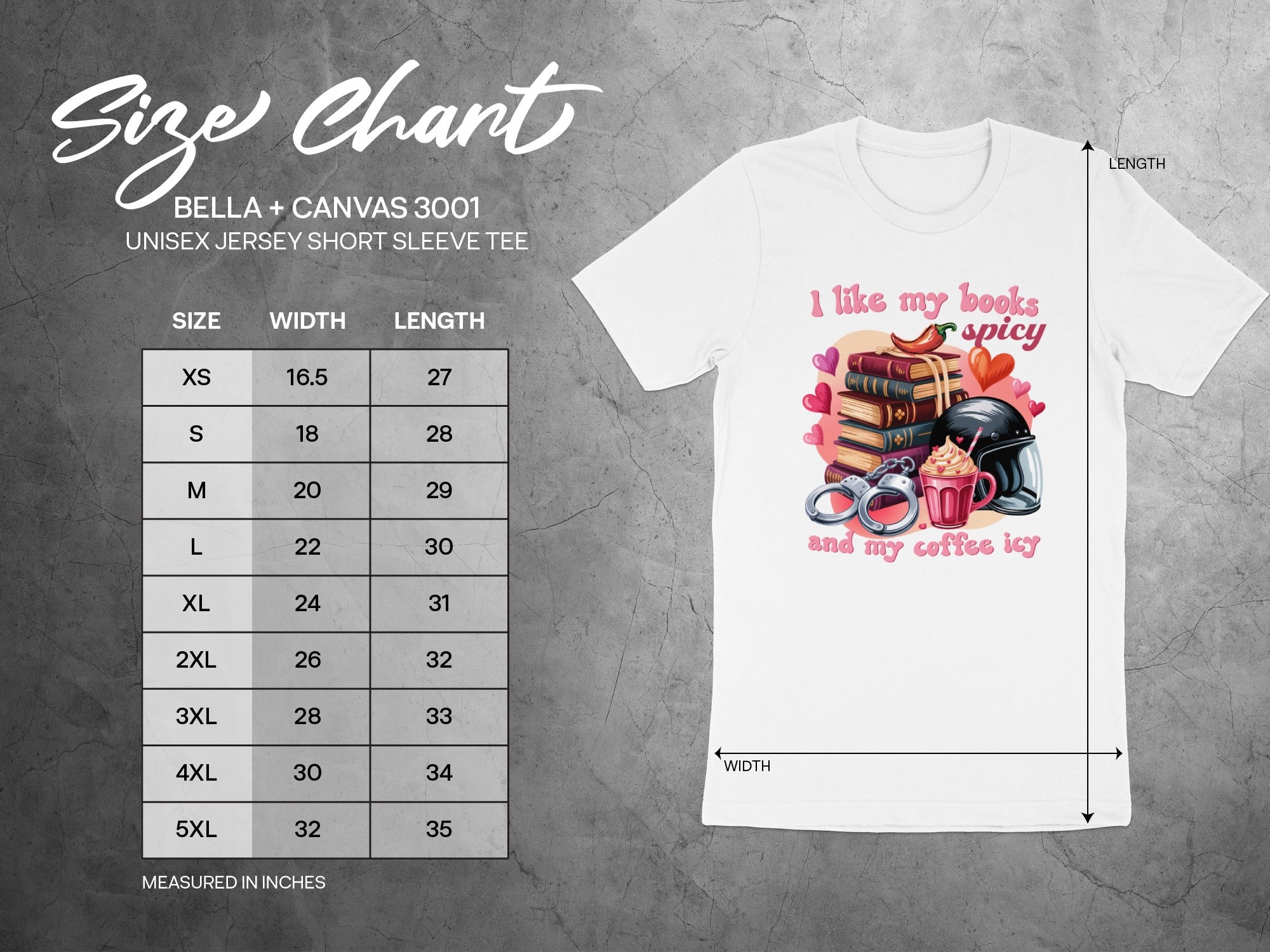 Size chart for Bella + Canvas 3001 unisex tee with graphic.