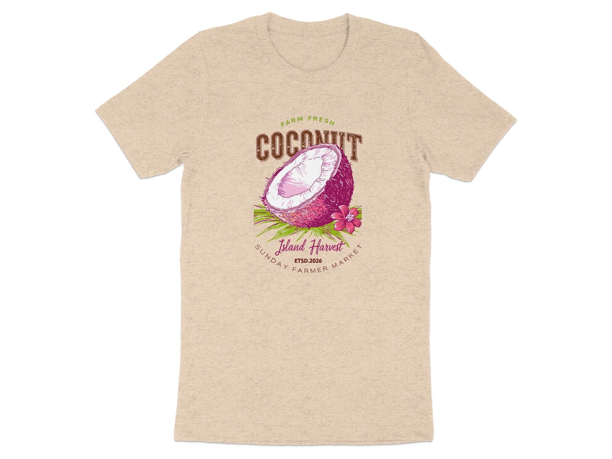 T-shirt with graphic of a halved coconut, flower, and text "Farm Fresh Coconut".