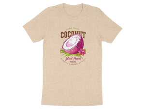 T-shirt with graphic of a halved coconut, flower, and text "Farm Fresh Coconut".