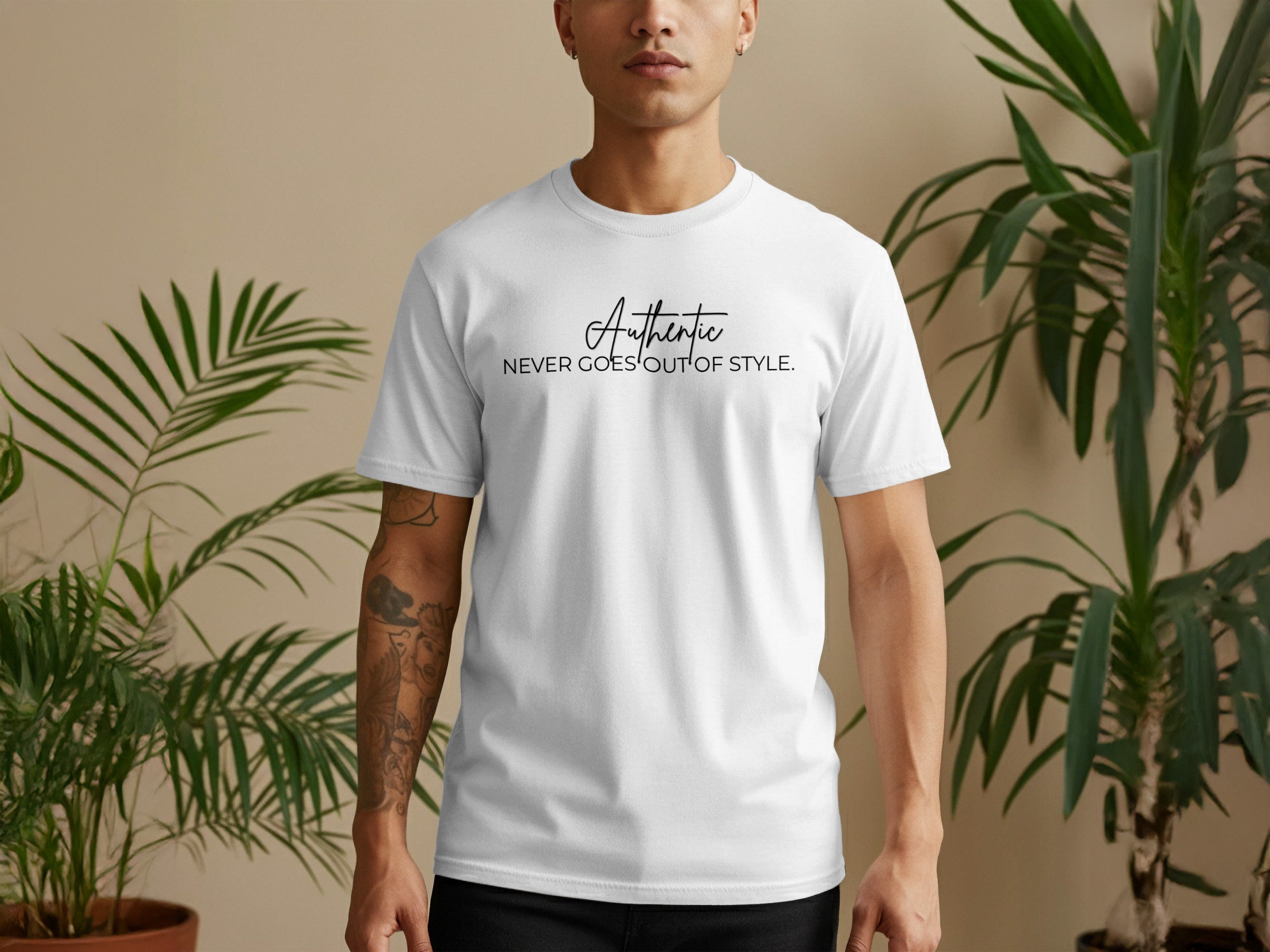White t-shirt with "Authentic NEVER GOES OUT OF STYLE." text.