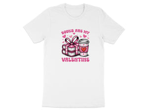 White t-shirt with a Valentine's Day graphic of books and coffee.
