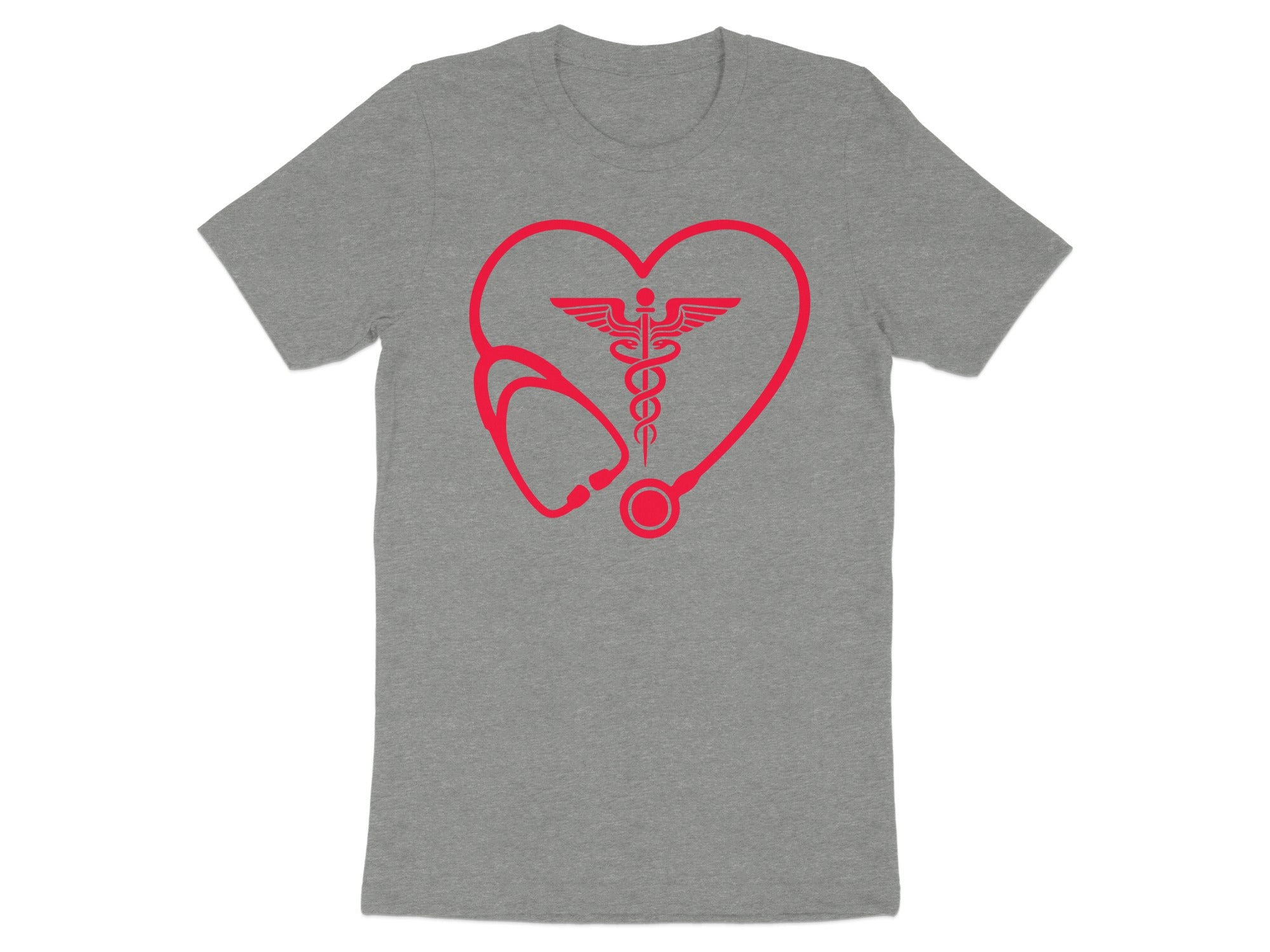 Grey t-shirt with red heart stethoscope and caduceus medical symbol.