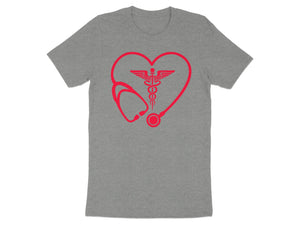 Grey t-shirt with red heart stethoscope and caduceus medical symbol.