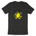 Dark t-shirt with a circular lemon and leaf design and text "Fresh & Zesty".