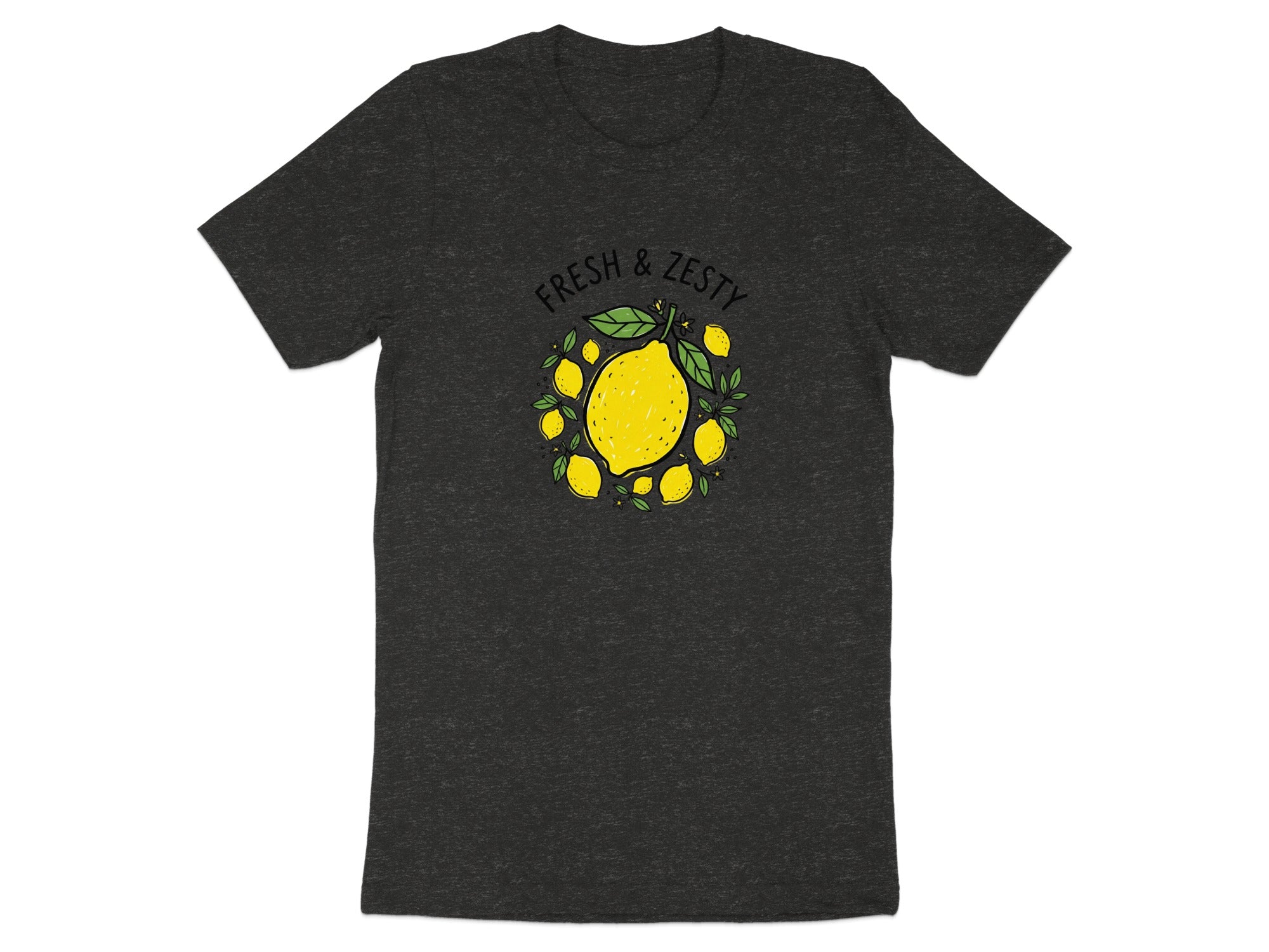 Dark t-shirt with a circular lemon and leaf design and text "Fresh & Zesty".