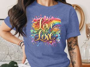 Blue t-shirt with "Love & Love" text, rainbow, and colorful heart accents.