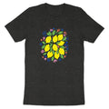 Dark t-shirt featuring a colorful lemon and floral wreath graphic.