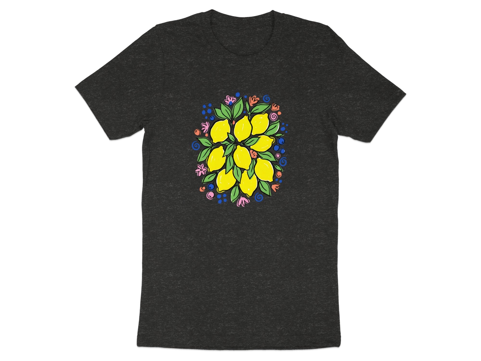 Dark t-shirt featuring a colorful lemon and floral wreath graphic.
