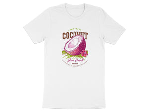 White t-shirt with a coconut graphic and "Island Harvest Sunday Farmer Market" text.