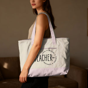 Tote bag with "Teacher" design featuring "love, inspire, motivate, educate."