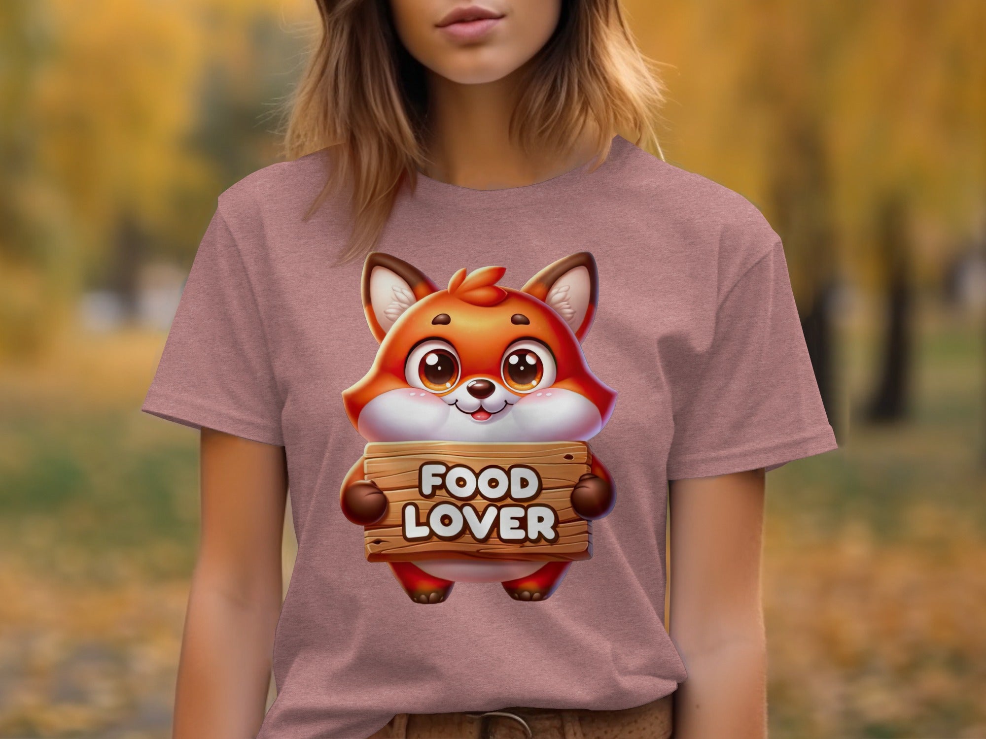 Cute cartoon fox holding wooden sign with "FOOD LOVER" text.