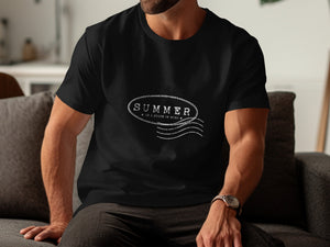 Black t-shirt with white oval graphic of "SUMMER IS A STATE OF MIND".