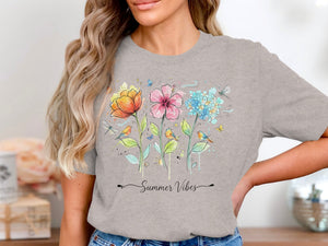 Gray t-shirt with watercolor flowers, birds, butterflies, and "Summer Vibes" text.