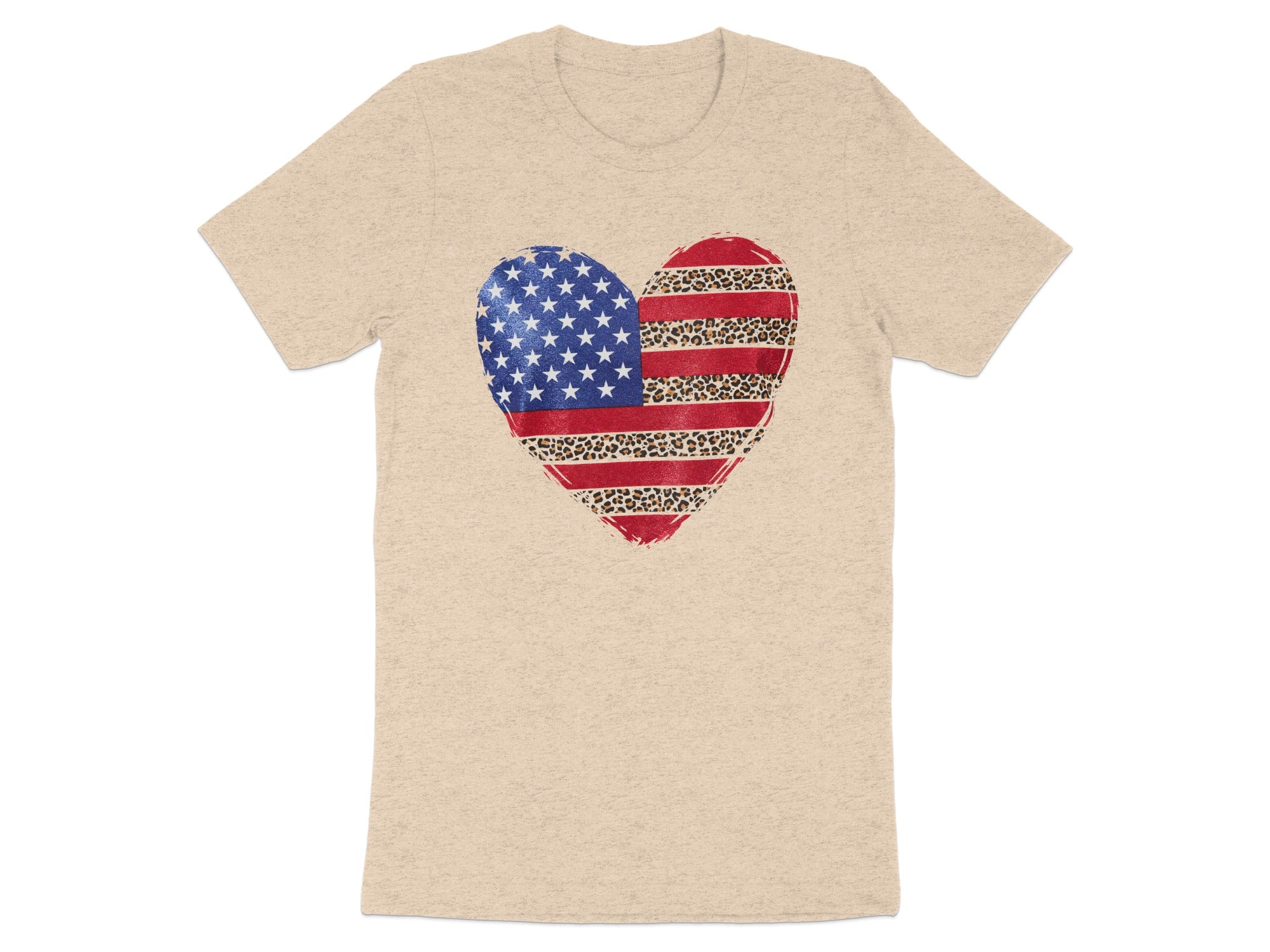 Beige t-shirt with a distressed heart graphic combining US flag and leopard print.