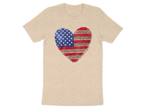 Beige t-shirt with a distressed heart graphic combining US flag and leopard print.