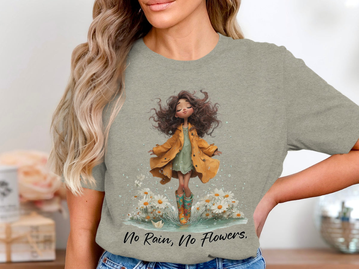 Illustration of girl in yellow raincoat standing in water with daisies and text "No Rain, No Flowers."