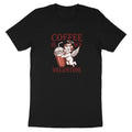 Black t-shirt with text "Coffee is my Valentine" and a cherub hugging a coffee cup.