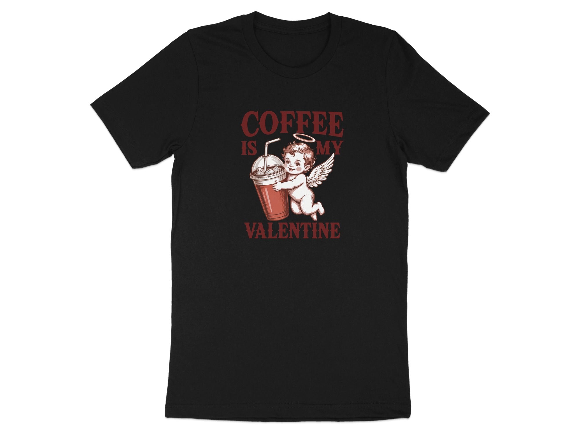 Black t-shirt with text "Coffee is my Valentine" and a cherub hugging a coffee cup.