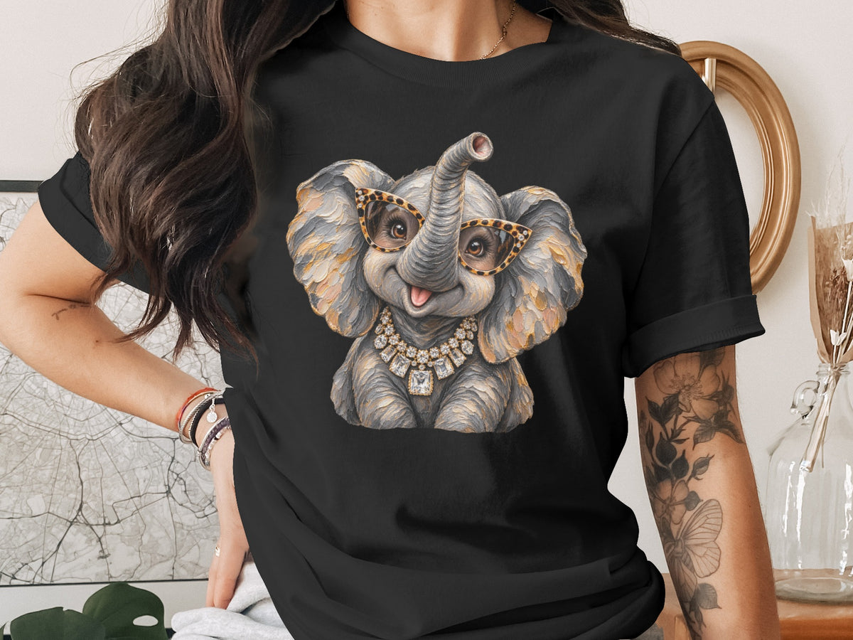 Black t-shirt with a stylized elephant wearing leopard print glasses and a diamond necklace.