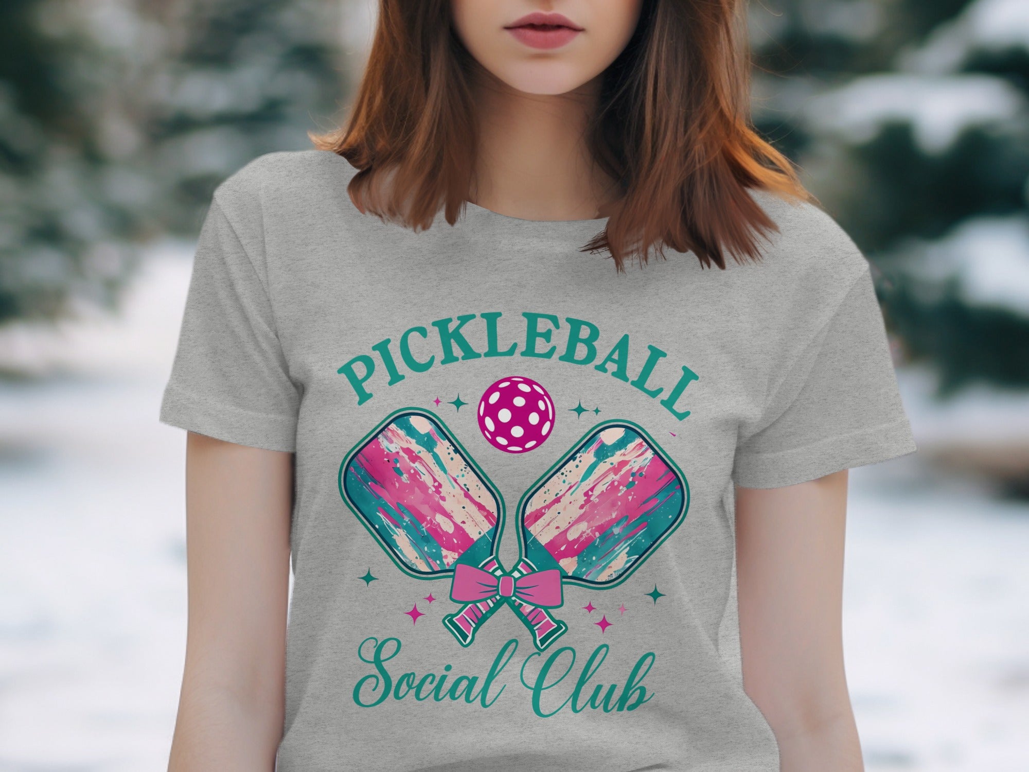 Grey t-shirt with pickleball paddles, ball, and "Pickleball Social Club" text.