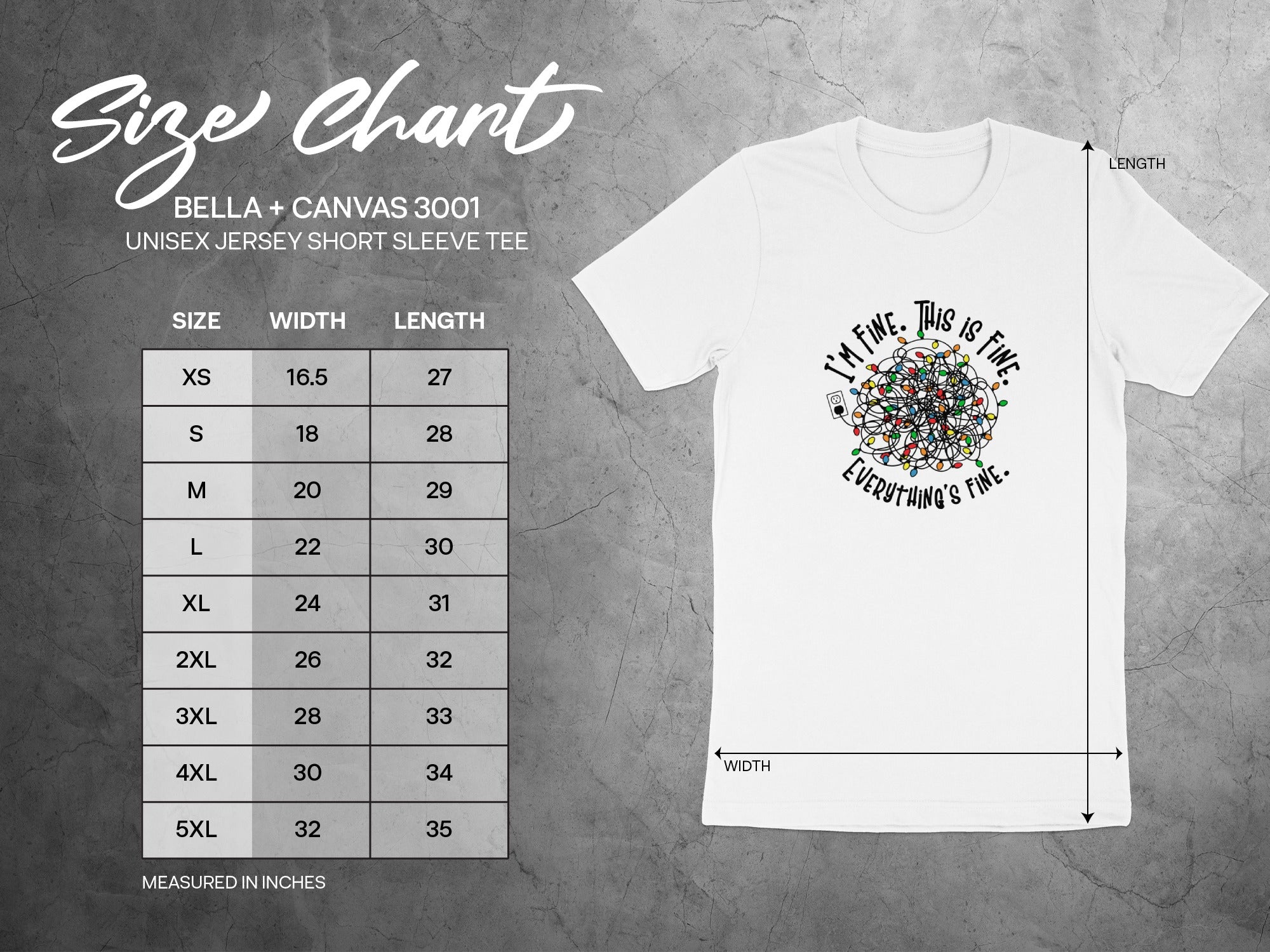 Unisex Bella + Canvas 3001 tee size chart with width and length measurements.