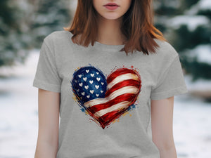 Grey t-shirt with a watercolor heart featuring the American flag design.