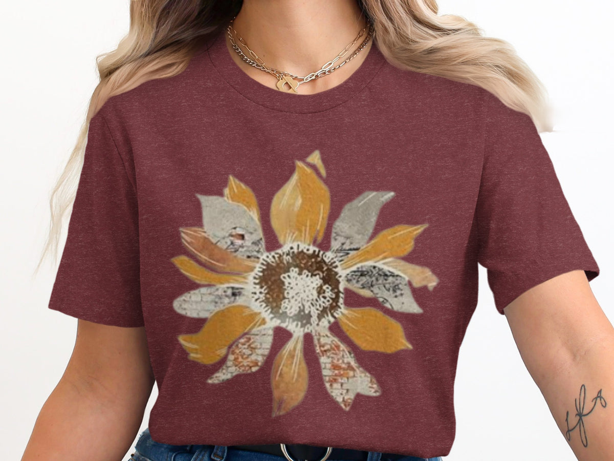 Maroon t-shirt with a collage-style sunflower graphic on the chest.