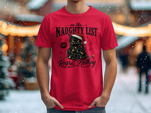 Red t-shirt with a black cat tangled in Christmas lights, wearing a Santa hat.