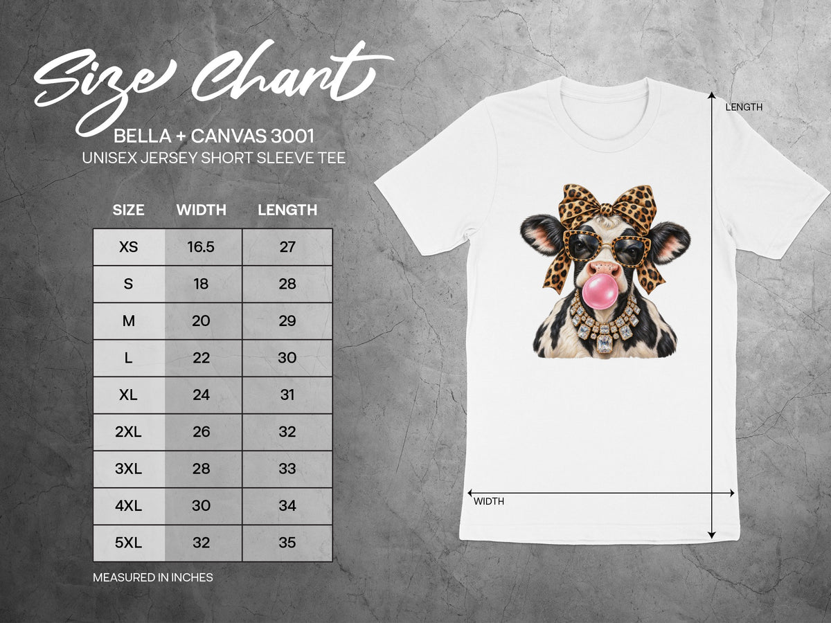 BELLA + CANVAS 3001 unisex short sleeve tee size chart with measurements.