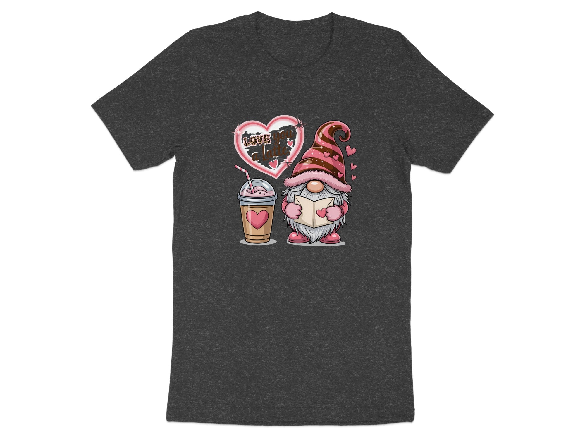 Gnome reading book next to coffee cup with heart and "Love you a latte" text.