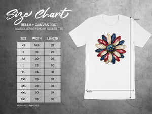 Size chart for Bella+Canvas 3001 unisex short sleeve tee, measured in inches.