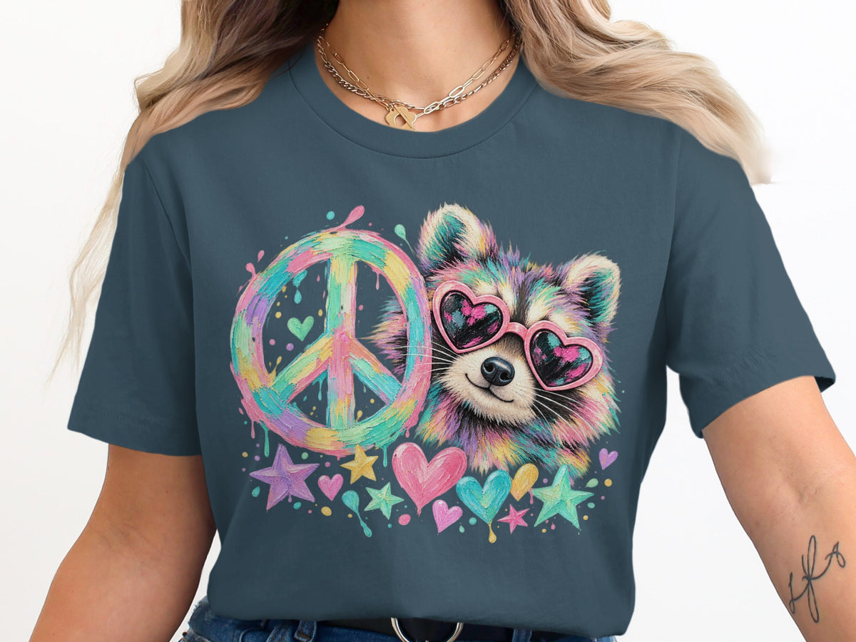 Colorful raccoon wearing heart sunglasses next to a peace sign and stars.