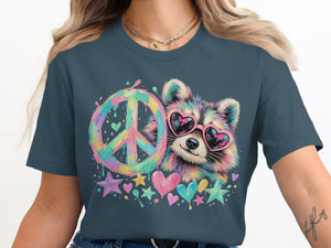 Colorful raccoon wearing heart sunglasses next to a peace sign and stars.