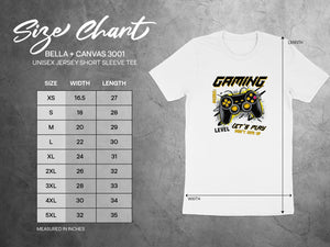 Bella + Canvas 3001 size chart listing measurements for unisex jersey short sleeve tees.