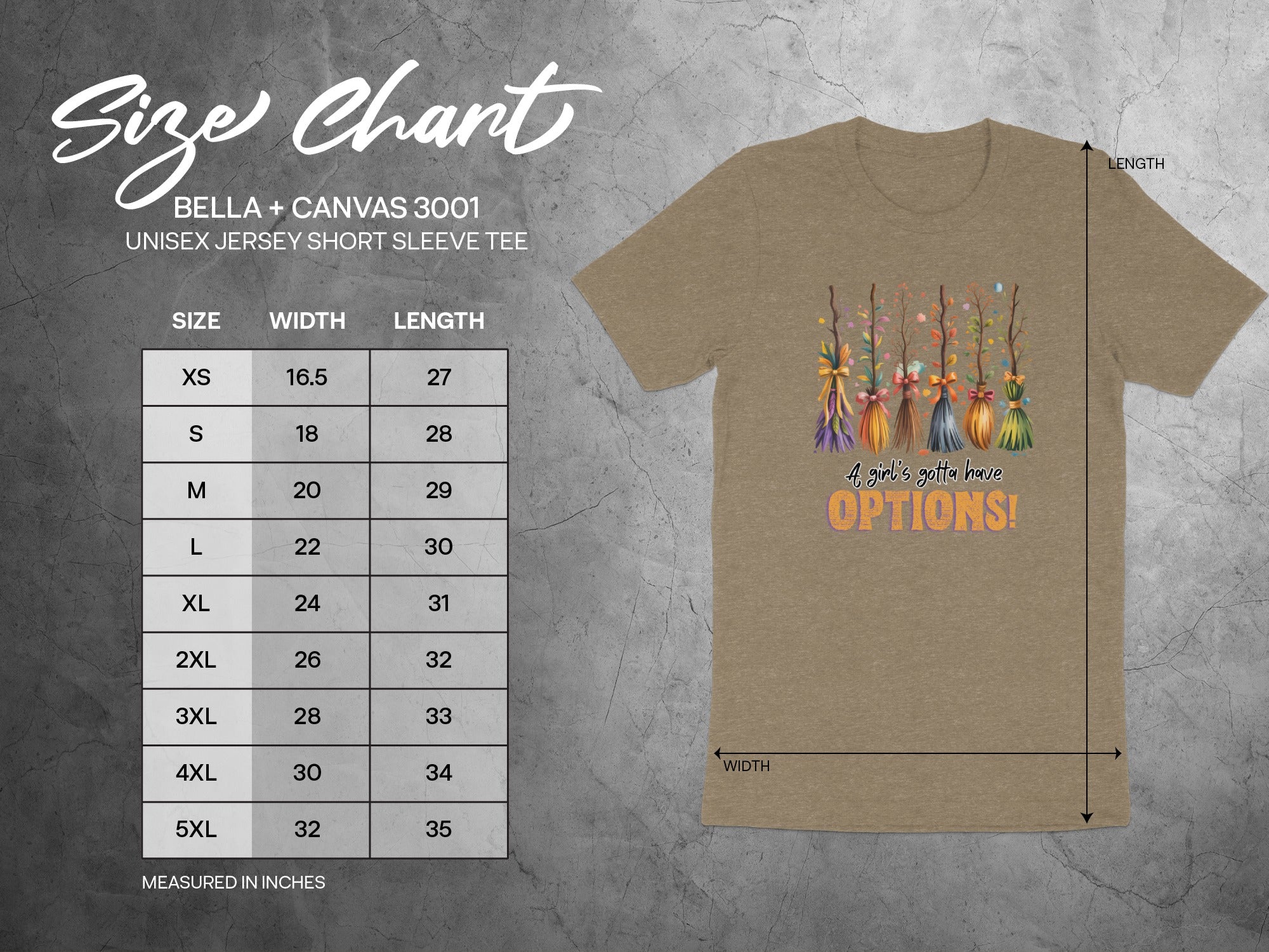 Bella + Canvas 3001 size chart for unisex jersey tee with decorative brooms.
