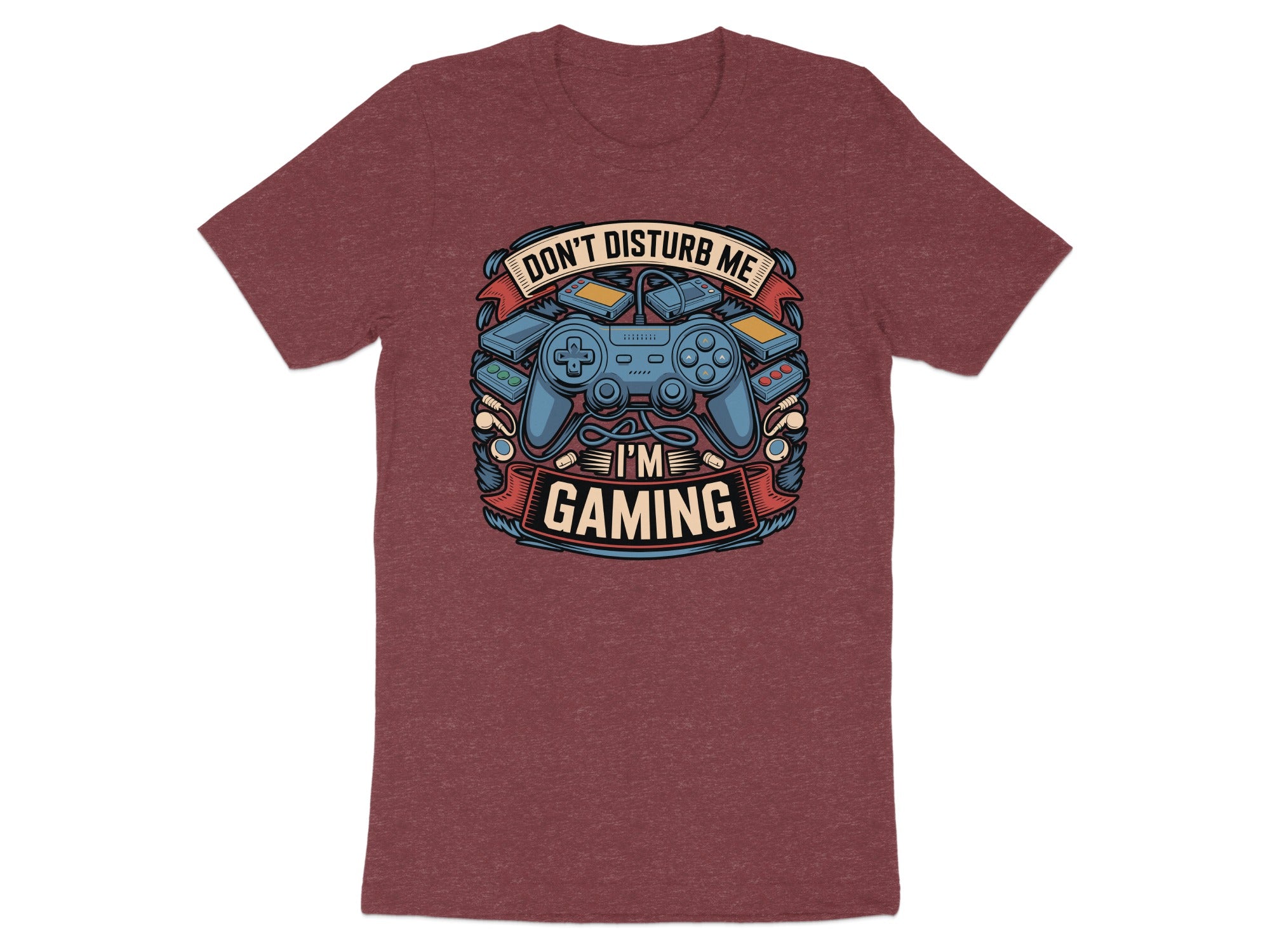 Maroon t-shirt featuring a design with a game controller, game cartridges, and text.