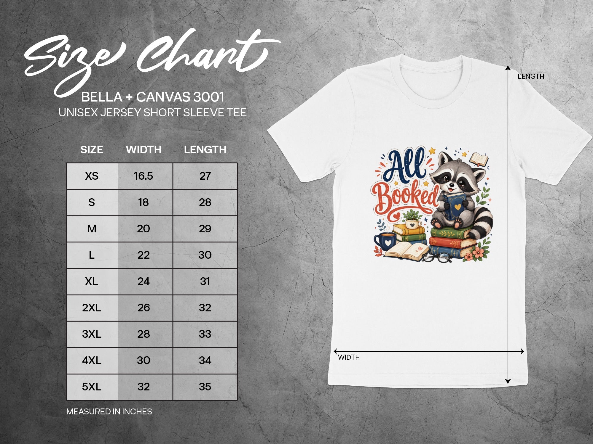 Size chart for Bella + Canvas 3001 unisex short sleeve tee with raccoon graphic.