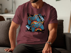 Maroon t-shirt with a graphic of two blue video game controllers and the word "GAME."