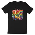 Black t-shirt with rainbow, hearts, and "Love is Love" text design.