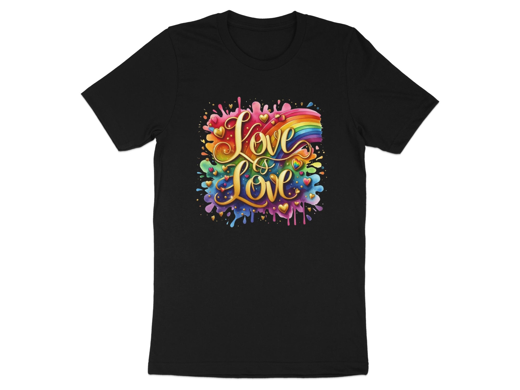 Black t-shirt with rainbow, hearts, and "Love is Love" text design.