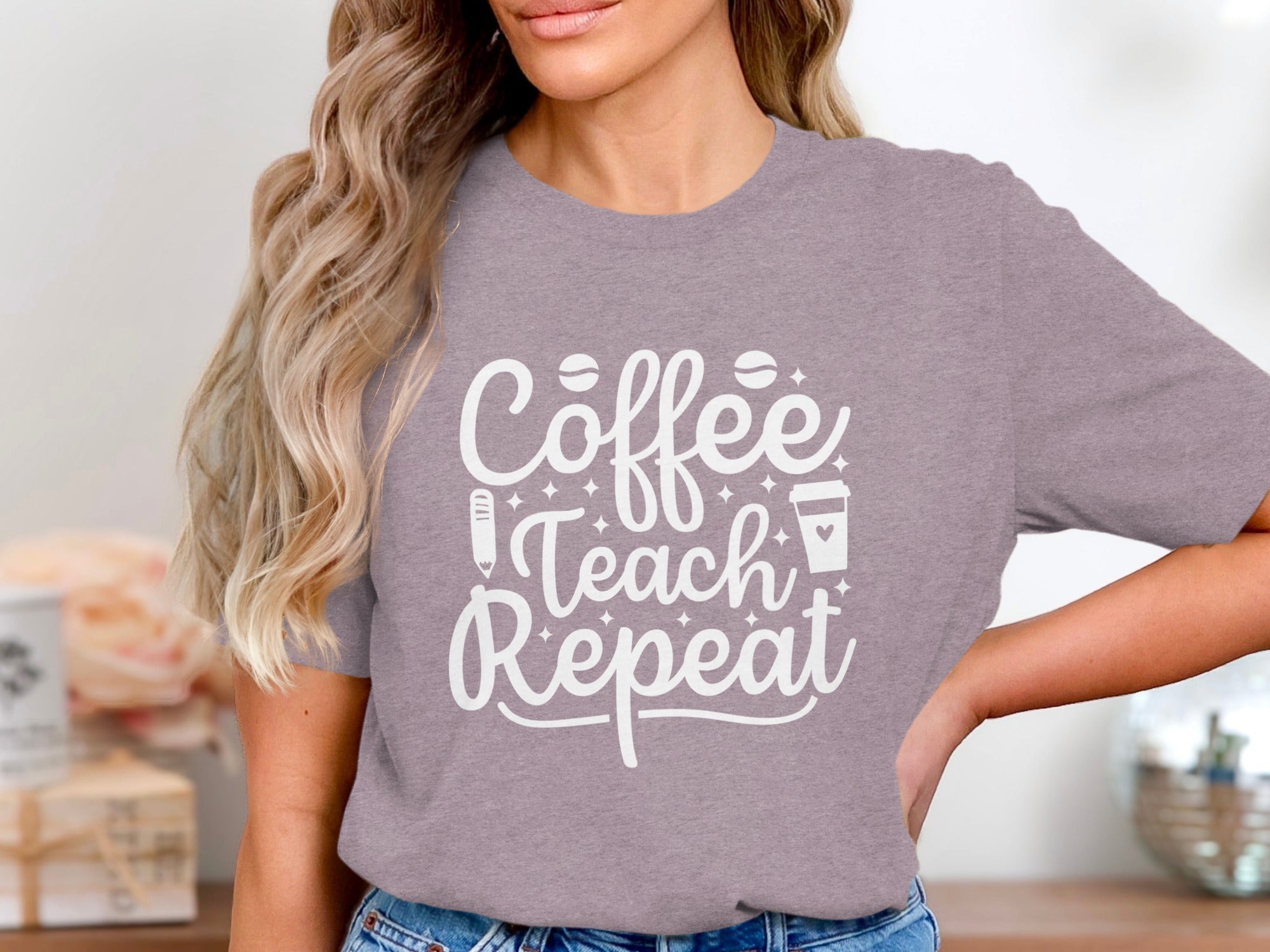Purple t-shirt graphic reads "Coffee Teach Repeat" with icons.