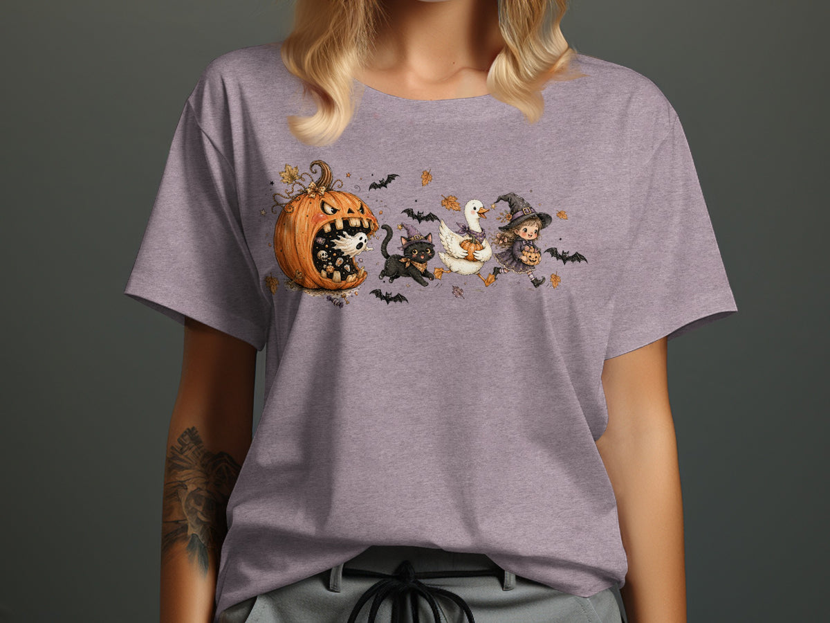 Halloween graphic featuring a spooky pumpkin, cat, goose, and witch with bats and leaves.