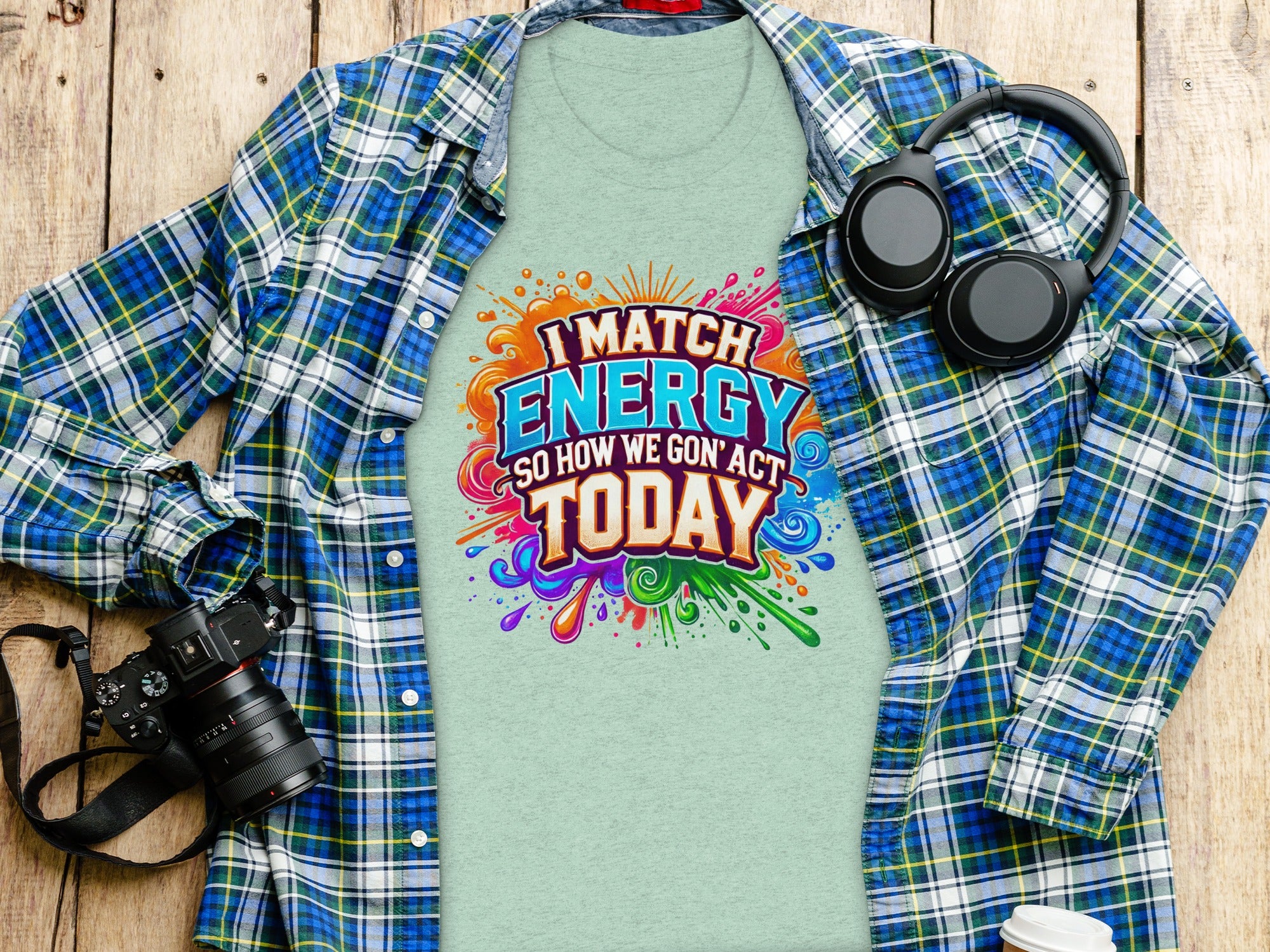 Light blue t-shirt with "I MATCH ENERGY SO HOW WE GON' ACT TODAY" graphic.