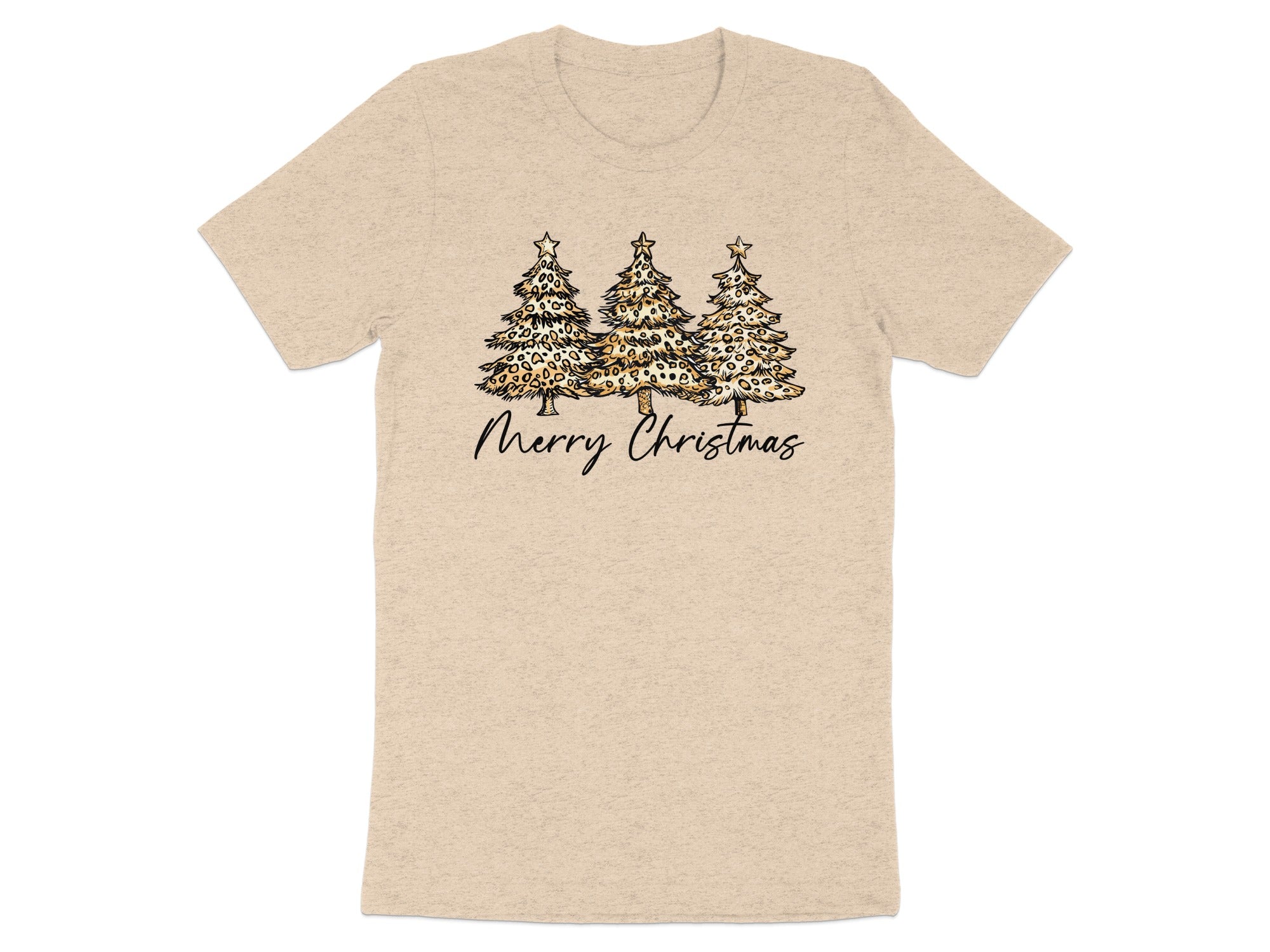 T-shirt with three leopard-print Christmas trees and "Merry Christmas" text.