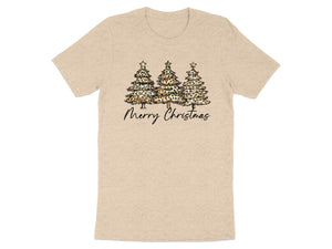 T-shirt with three leopard-print Christmas trees and "Merry Christmas" text.